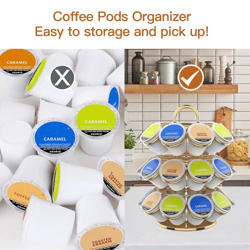 ZECENN Coffee Pod Storage Organizer for K-Cup Pods, K Cup Holder,K Cup Carousel, Home Office Kitchen Counter Coffee Station Organizer (27 Pods Capacity-Gold)