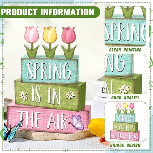 Marsui 4 Pcs Spring Table Decorations Tulip Flower Wooden Block Signs Pastel Tulip Tabletop Centerpieces Farmhouse Distressed Easter Spring Decor for Home Table Kitchen Shelf Tiered Tray Decor