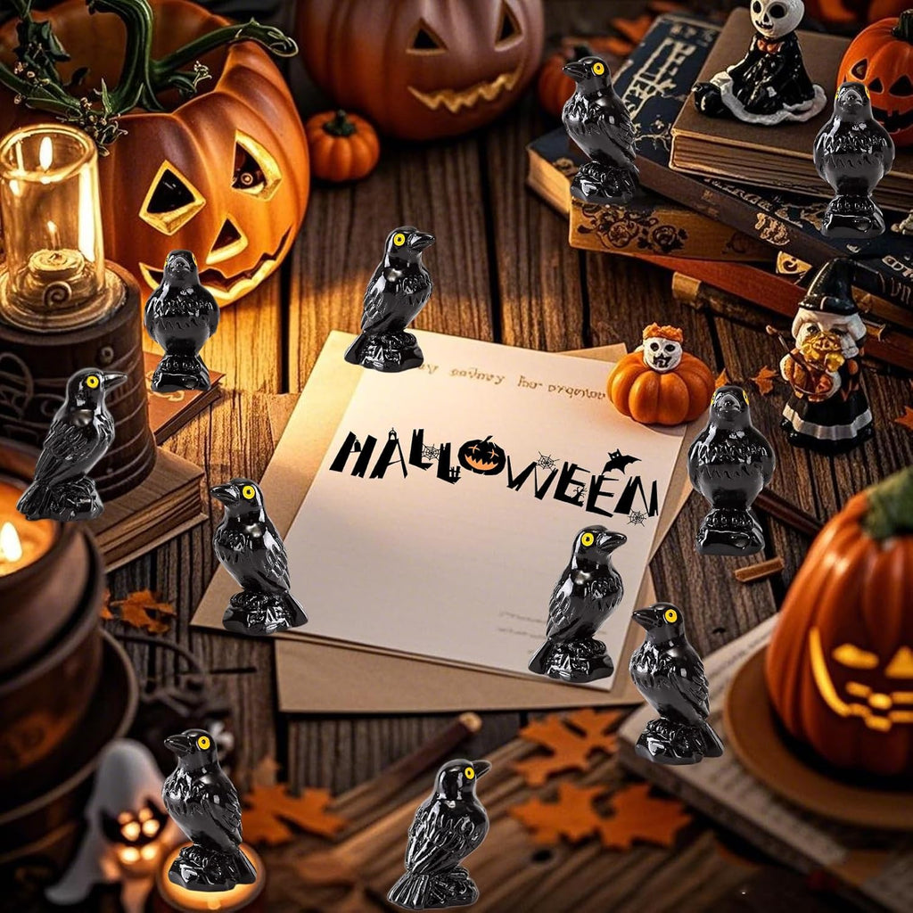 Skiennix Mini Resin Crows - 50 Pcs Realistic Black Raven Figurines for Halloween Decor & Crafts