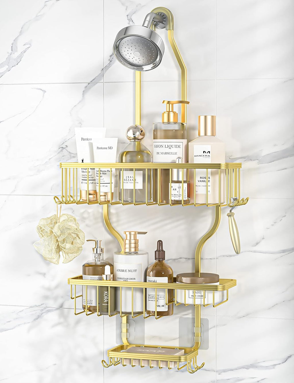 YASONIC Shower Caddy Organizer - Rust-Free Aluminum Over-the-Showerhead Rack with 10 Hooks & Soap Basket - Gold