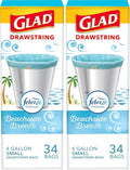 Glad Small Trash Bags - 4 Gallon Odor Resistant with Drawstring | Febreze Beachside Breeze, 34 Count (Pack of 2)