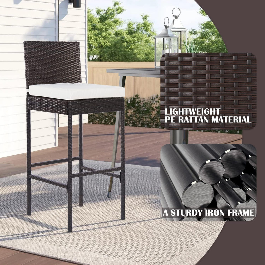 PayLessHere Rattan Bar Stools - Set of 2 Wicker Counter Height Chairs with Backrest & Cushion, Brown