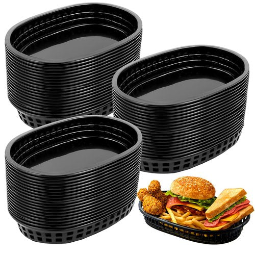 100 Pack Fast Food Baskets, 10.5 x 7 Inch Black Restaurant Tray Plastic Food Serving Baskets Bulk for Deli Serving, Chicken, Burgers, Picnics, Parties (100)