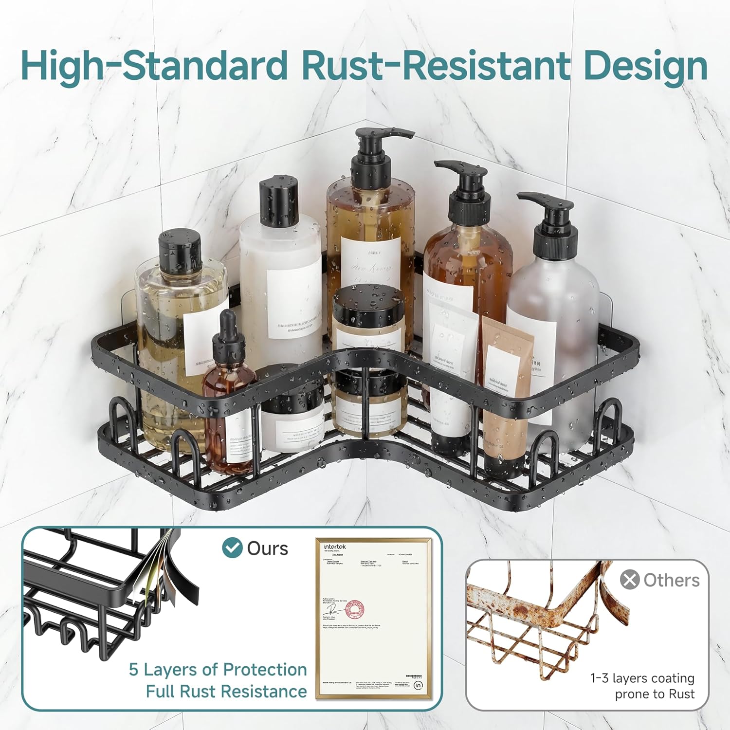 Veken Corner Shower Caddy - Rustproof Design with No Drilling Adhesive Shelves | Large Capacity Bathroom Organizer in Black