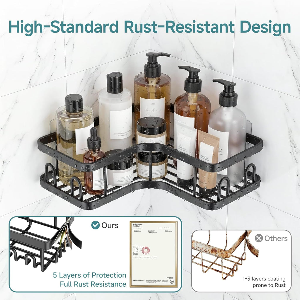 Veken Corner Shower Caddy - Rustproof Adhesive Shelves with Soap Holder | 5-Pack Large Capacity Organizers in Black