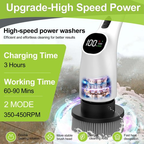 WKY-Electric Spin Scrubber - 10-in-1 Cordless Shower Scrubber & Cleaning Brush with Extendable Handle, 2 Speeds, IPX7 Waterproof Brush Heads, LED Display, Smart AI Chip,for Bathroom, Kitchen White
