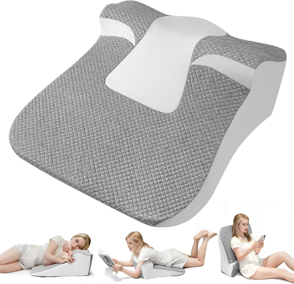 Skiennix Bed Wedge Pillow - Ergonomic Memory Foam Support for Sleep Apnea & Reading - Grey