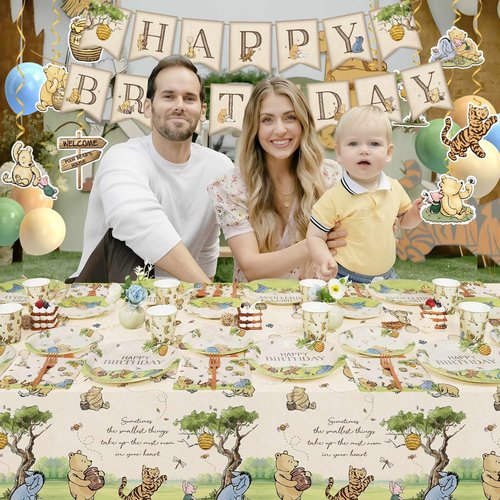 192pcs Winnie Birthday Decorations, Vintage Pooh Bear Plates Napkins Cups Forks Tablecloth Balloons Banner Hanging Swirls Cupcake Toppers for Boy Girl Party Supplies 25 Guests