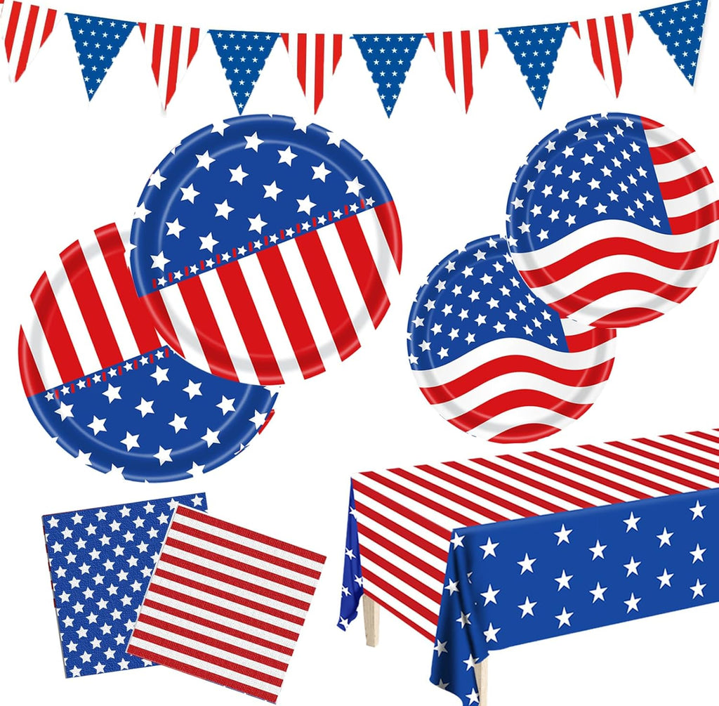 Patriotic Party Supplies - American Flag Party Set with Plates, Napkins & Tablecloth for 25 Guests