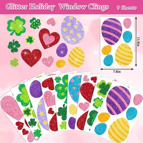 Whaline 9 Sheets Glitter Valentine' s Day St. Patrick' s Day Easter Window Clings Window Decal Heart Shamrock Egg Reusable Anti-Collision Windows Decor for Holiday Party Supplies