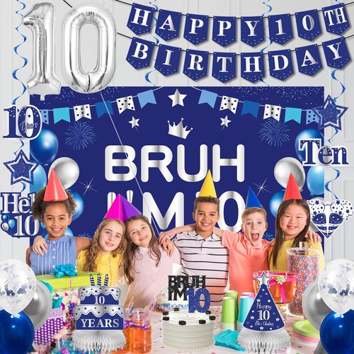 10th Birthday Decorations for Boys Girls Men, Blue Sliver Bruh I'm 10 Backdrop Happy 10th Birthday Banner Table Honeycomb Centerpieces Cake Topper Balloons Hanging Swirls Party Supplies