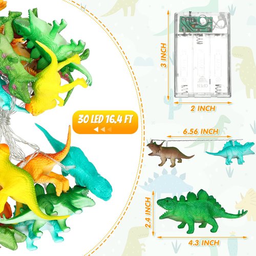 Riakrum 30 LED 16.4 FT Dinosaur String Lights for Boys Room Battery Operated Dinosaur Lights String Dino Light for Boys Girl Kids Bedroom Decor Christmas Tree Decoration Holiday Party Garden Tent Wall