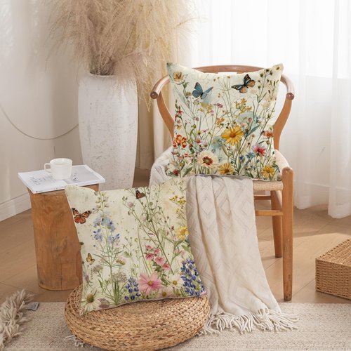 TAJWE Spring Floral Pillow Covers 18x18 Inch Set of 2 Wild Flowers Plant Butterfly Decorative Pillowcases Farmhouse Summer Seasonal Cushion Cases for Sofa Couch Home Decor