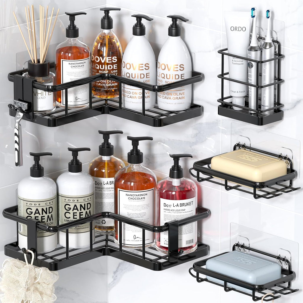 YASONIC Corner Shower Caddy - 5-Pack Rustproof Stainless Steel Organizer with Soap Holder | No-Drill Black Shelves