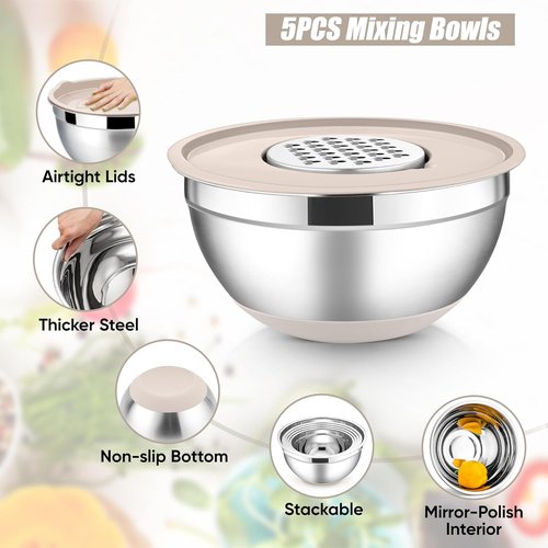 E-far Stainless Steel Mixing Bowls Set - 5-Piece Nesting Bowls with Lids & Grater Attachments | Khaki