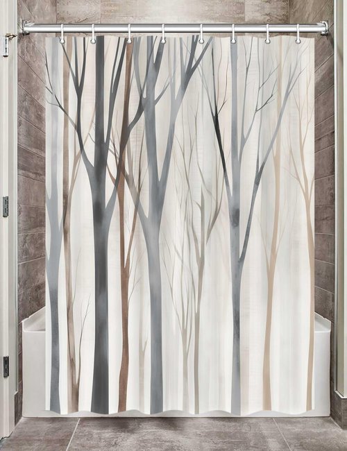 MERCHR Brown Grey Tree Fabric Shower Curtain, Art Style Abstract Birch Forest Rustic Wood Polyester Fabric Waterproof Bath Curtain, Farmhouse Bathroom Shower Curtains with Hooks 72X72 Inch