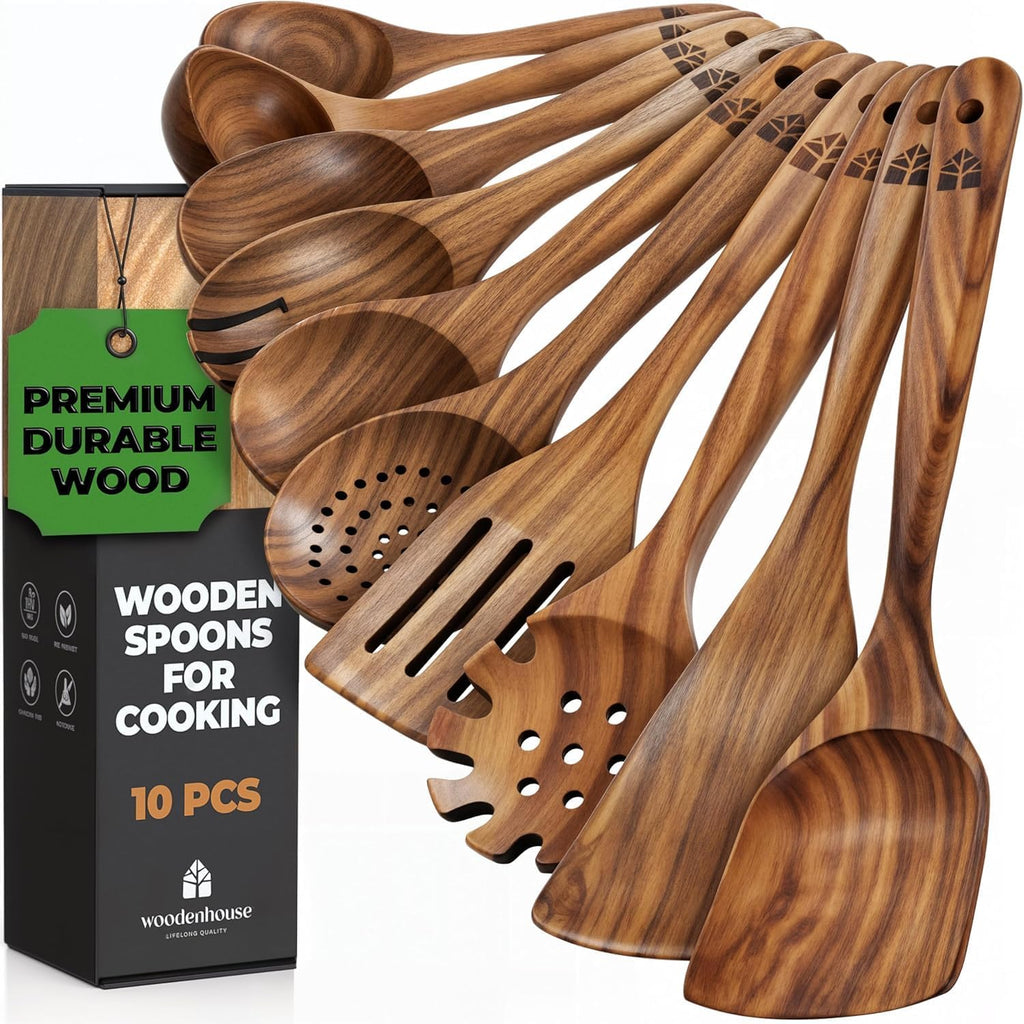 Teak Wood Cooking Spoons Set - 10 Durable Nonstick Utensils with Ergonomic Handles