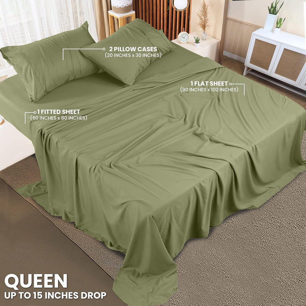 Utopia Bedding Queen Size Sheet Set - Soft, Breathable Microfiber in Olive | 4-Piece with Fitted & Flat Sheets, 2 Pillowcases