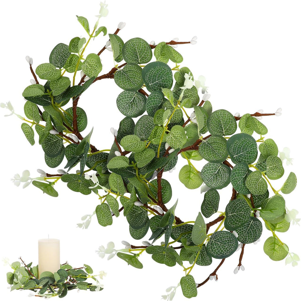 Zerodeko Easter Candle Ring Set - Eucalyptus Leaves Wreath Pillar Holders | 8cm Table Decor