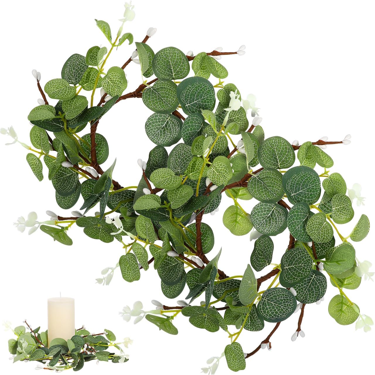 Zerodeko Easter Candle Ring Set - Eucalyptus Leaves Wreath Pillar Holders | 8cm Table Decor