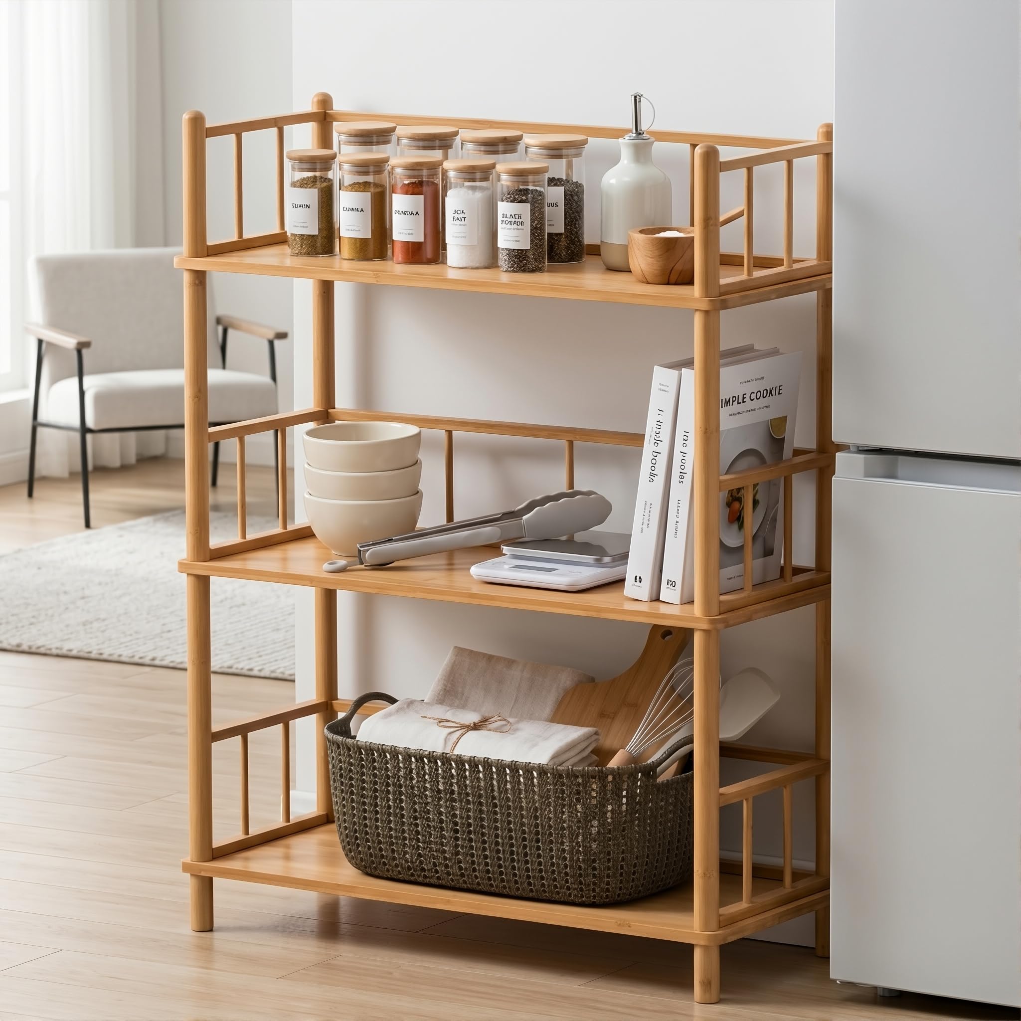 GOGOGO 2-Tier Expandable Bamboo Bookshelf - 150LBS Heavy-Duty, Tool-Free Assembly, Multifunctional Storage for Bathroom/Kitchen/Office Holder Plant Flower Stand (1, Natural, 3-Tier Short)