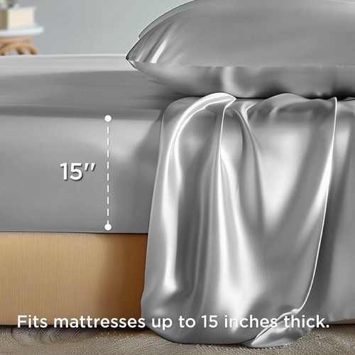 Bedsure Satin Sheets - Luxurious Silver Grey Bundle with Comforter & Duvet Insert - Soft & Elegant