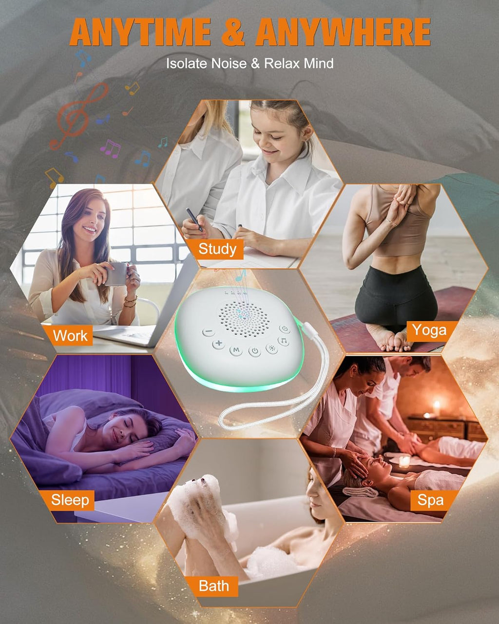 White Noise Sound Machine - Portable Sleep Aid with 20 Soothing Sounds & 9-Color Night Light