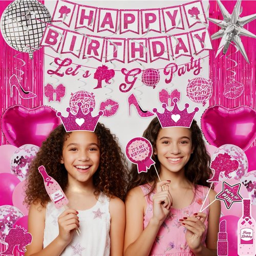 Hot Pink Birthday Party Decorations 99 Pcs, Pink Happy Birthday Party Decorations for Women, Girl with Banner, Hanging, Backdrops, Foil Balloons, Tableware, Tiara, Sash, Sunglasses