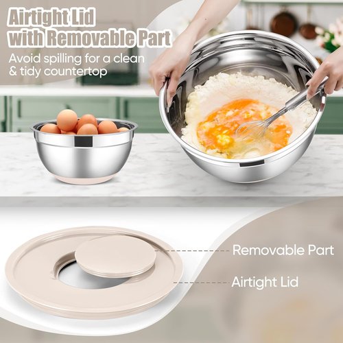 E-far Stainless Steel Mixing Bowls Set - 5-Piece Nesting Bowls with Lids & Grater Attachments | Khaki