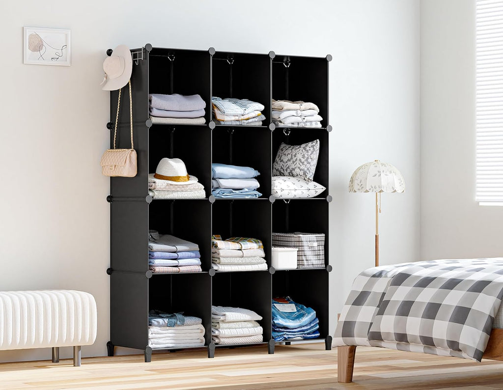 Skiennix 12-Cube Storage Organizer - Portable Closet Organizers for Kids & Adults | Black