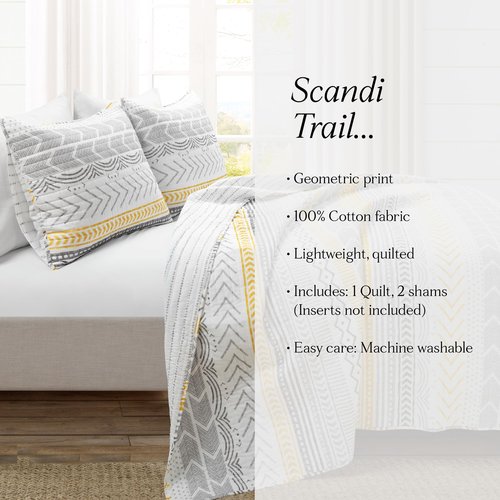 Lush Decor Hygge Geo Pattern Striped 3 Piece Quilt Bedding Set, Full/Queen, Yellow