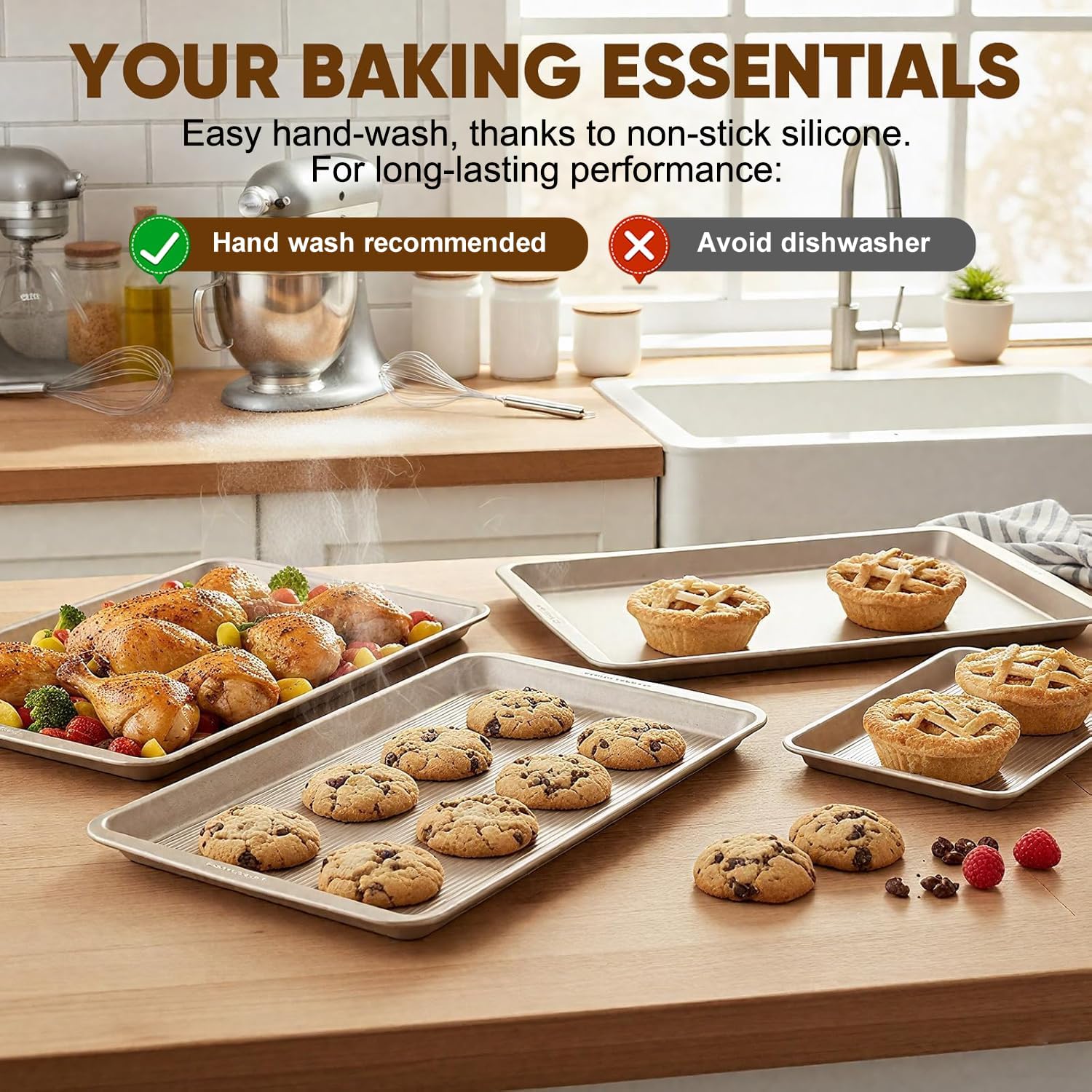 Sakerplus Nonstick Baking Sheet Pan Set - Heavy Duty Cookie Sheets | Rust-Resistant, Easy Clean, 3 Sizes in Champagne Gold