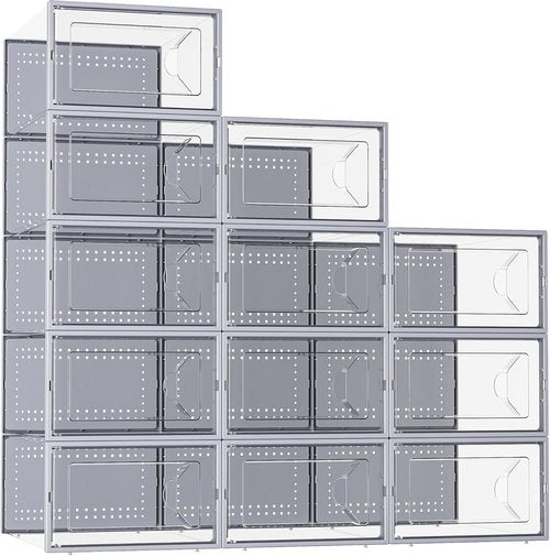 Kuject Large Shoe Storage Box - Stackable Crystal Clear Organizer | Space-Saving 12-Pack Grey