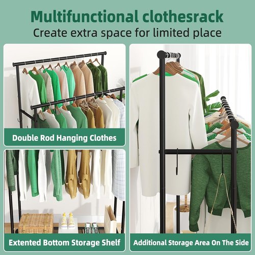Ekisemio Heavy-Duty Double Rods Clothes Rack - 400 LBS Capacity | 45-Inch Rolling Garment Rack with Shelves, Black