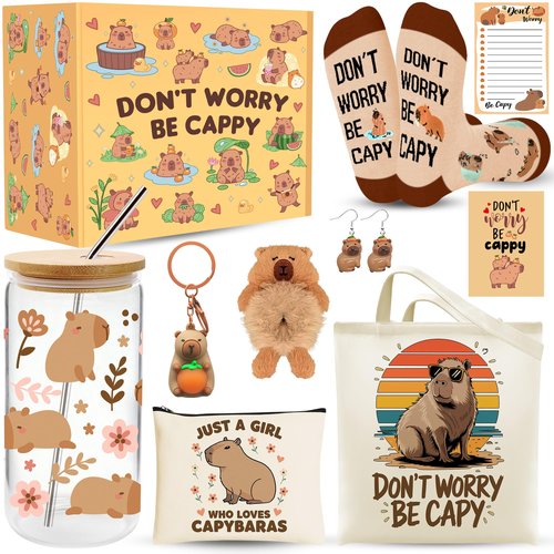 WOFIROY 10 Pieces Capybara Gifts for Women, Cute Capybara Stuff with 16 Oz Glass Cup Tote Bag Makeup Bag Socks Hairband Keychain Sticky Notes Earrings for Capybara Lover Birthday Christmas Gift