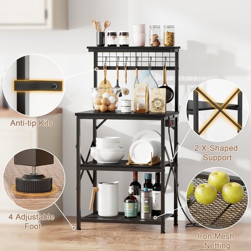 Furologee Kitchen Bakers Rack with Power Outlet, Microwave Oven Stand with Storage 4 Tiers, Coffee Bar Table with 6 S Hooks, Kitchen Storage Shelf Rack for Spices, Pots,Black