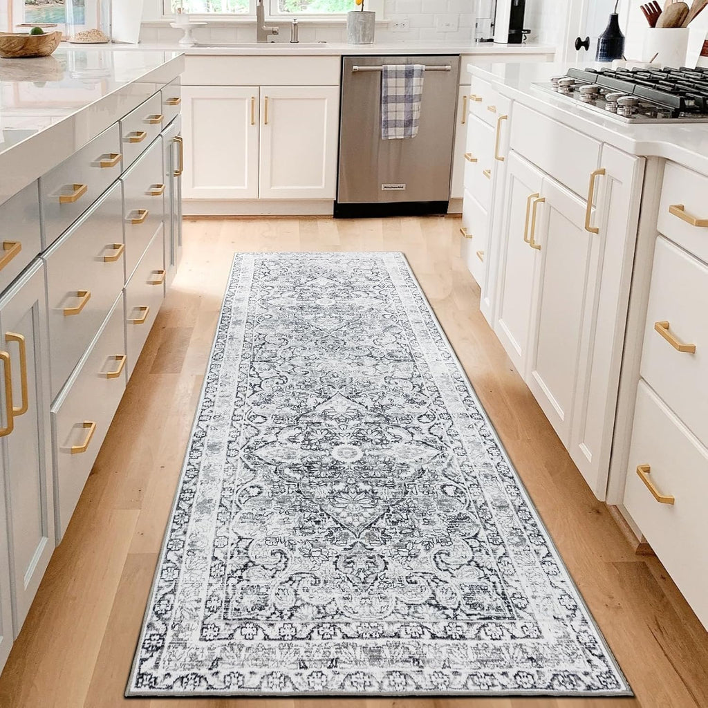 Skiennix Vintage Washable Runner Rug - Soft Non-Slip Backing | Stain Resistant Gray Mat for Hallway & Kitchen