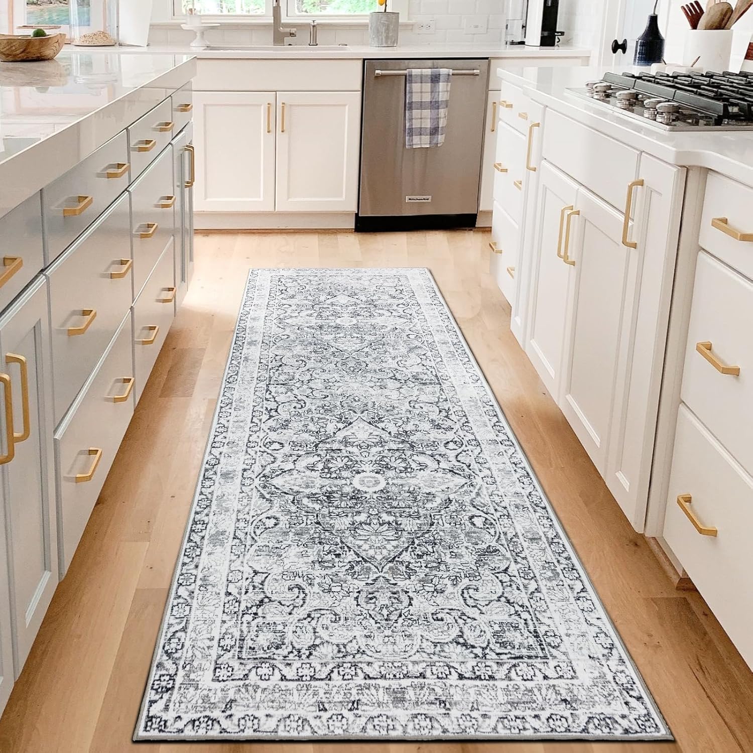 Skiennix Vintage Washable Runner Rug - Soft Non-Slip Backing | Stain Resistant Gray Mat for Hallway & Kitchen