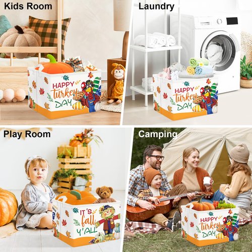 Clastyle Fall Harvest Kid Storage Basket Pumpkin Maple Leaf Thanksgiving Autumn Boys Girls Gift Toy Box Collapsible Clothes Organizer Nursery Bin for Bedroom,Turkey,40 * 30 * 30 cm