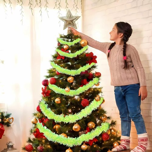DIYDEC 26.2FT Christmas Tinsel Garland Shiny Iridescent Green Garland Christmas Glitter Foil Metallic Twist Hanging Green Garlands for Xmas Tree Fireplace Home Party Decoration