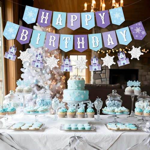 Snowflake Happy Birthday Banner,2 Set Pre-Strung Blue Snowflake Banner with Castle for Birthday Party Decorations,Winter Wonderland Holiday Party Decorations,Christmas