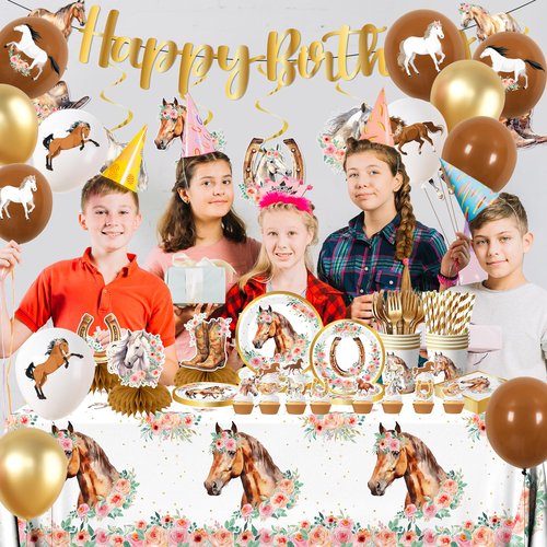Cowgirl Birthday Party Decorations Tableware Set, Horse Party Supplies Includes Plates, Napkins, Cups, Banner, Hanging Swirl, Tablecloth, Cake Topper, for Girl Birthday Decorations, Serve 24