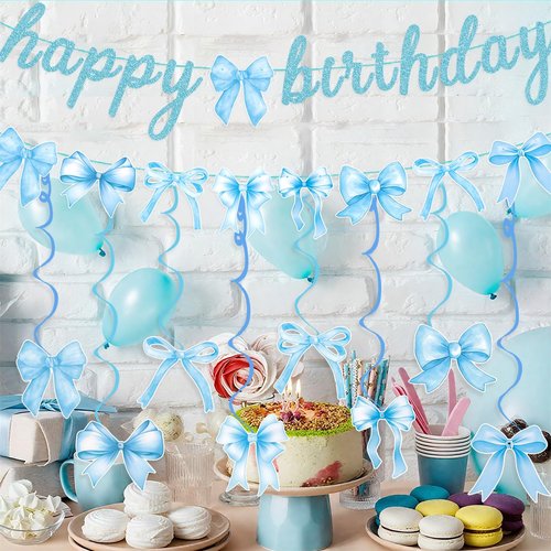 Blue Bow Birthday Banner Garland with Hanging Swirls for Baby Blue Bow Party Decor Coquette Birthday Decorations