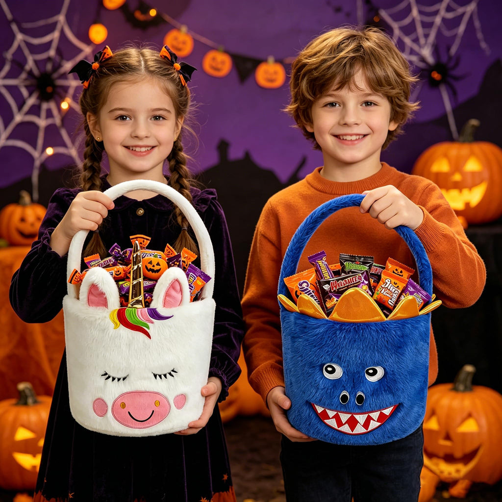 DearSun 2 Pcs Halloween Basket Plush Trick or Treat Bag, Halloween Candy Bucket for Kids Gifts Party Decoration Supplies, Dia 8" * H 15.7" (Unicorn&Dinosaur)
