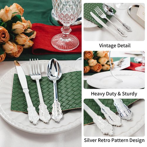 N9R 120PCS Silver Plastic Silverware, Heavy Duty Plastic Cutlery for Parties, Fancy Disposable Flatware Set Includes 40 Forks, 40 Spoons, and 40 Knives, Perfect for Weddings, Dinners, Picnics, Party