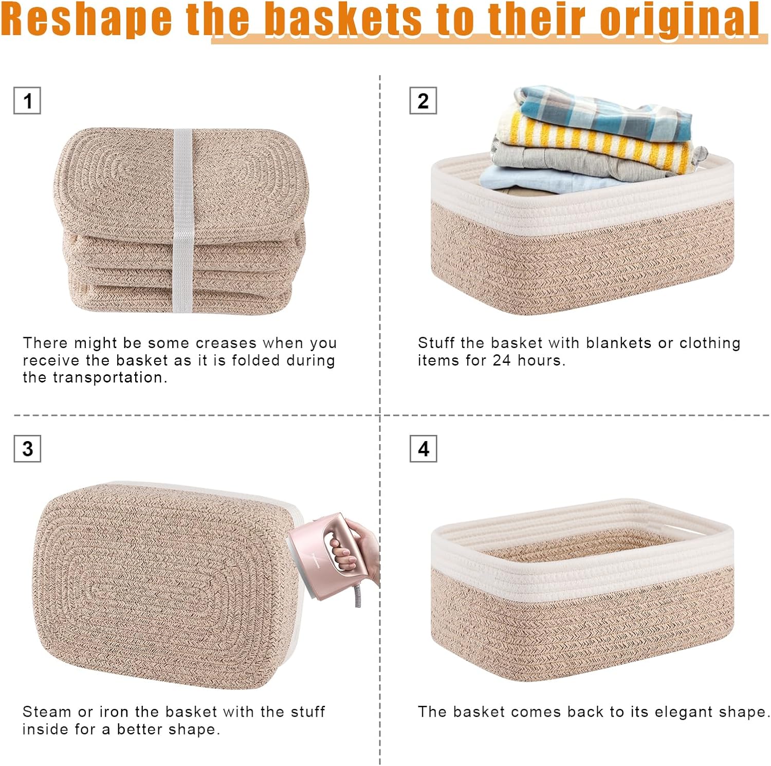 OIAHOMY Storage Baskets - Cute Decorative Organizing Bins for Shelves | 4 Pack, 11.8''L x 7.8''W x 4.7''H, Brown/White