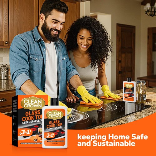 CleanCrown 3-in-1 Cooktop Cleaner Kit (8.8 Oz Cooktop Cleaner + Scrubbing Pad + Scraper), Stovetop Cleaner for Electric Top Stoves, Ceramic Cooktops & Fireplace Glass, Remove Burned on Food, Grease