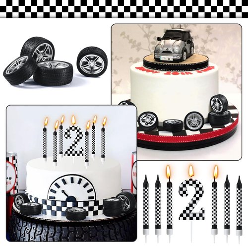 13 Pcs Racing Cars Themed Birthday Candles, Black and White Checkered Birthday Cake Candles, Numeral 2Candle Wheel Tire for Racing Car Party Decoration Theme Party Supplies