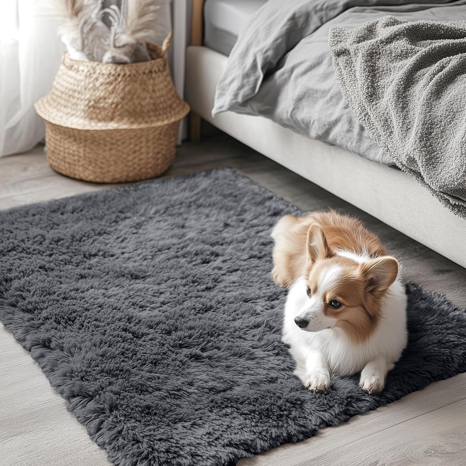 OLANLY Soft Fluffy Shaggy Bedside Rug - Machine Washable 2x3 ft | Ideal for Bedroom & Nursery, Grey