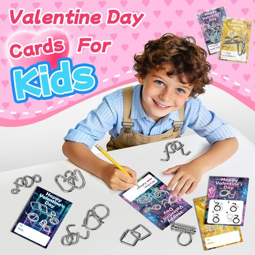 24 Pcs Valentine’s Day Gift Metal Brain Teaser Puzzles Set with Cards for Boys and Girls Unlock Interlock Game Fidget Party Favors School Exchange Classroom Prizes for Older Kids Teens Adults